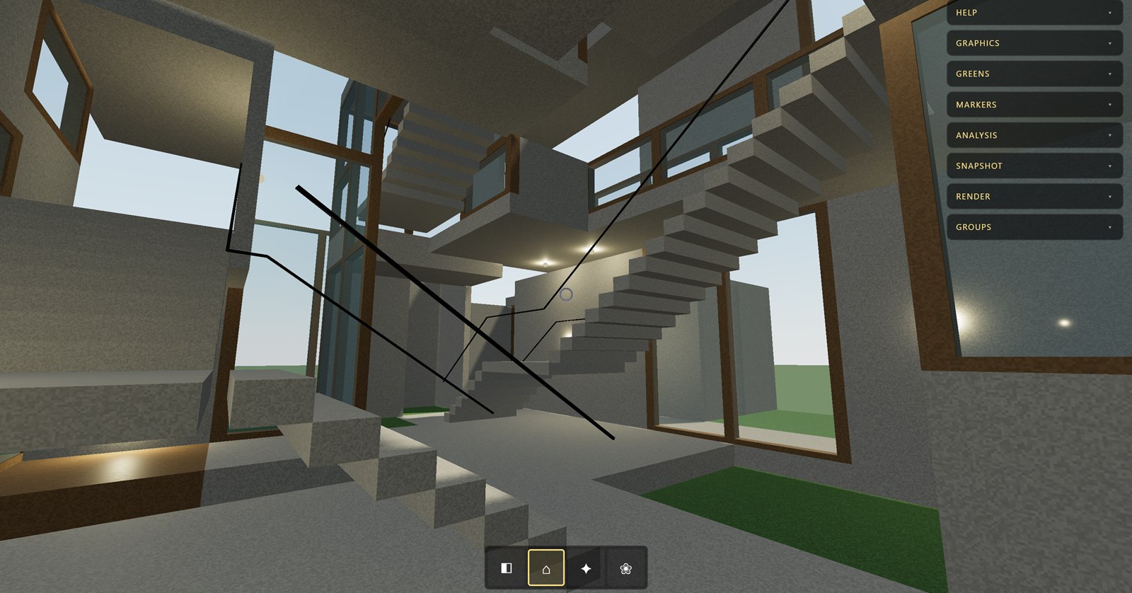 3D model built inside Voxitect — voxel slabs, wood-framed glass and stairs in the browser engine