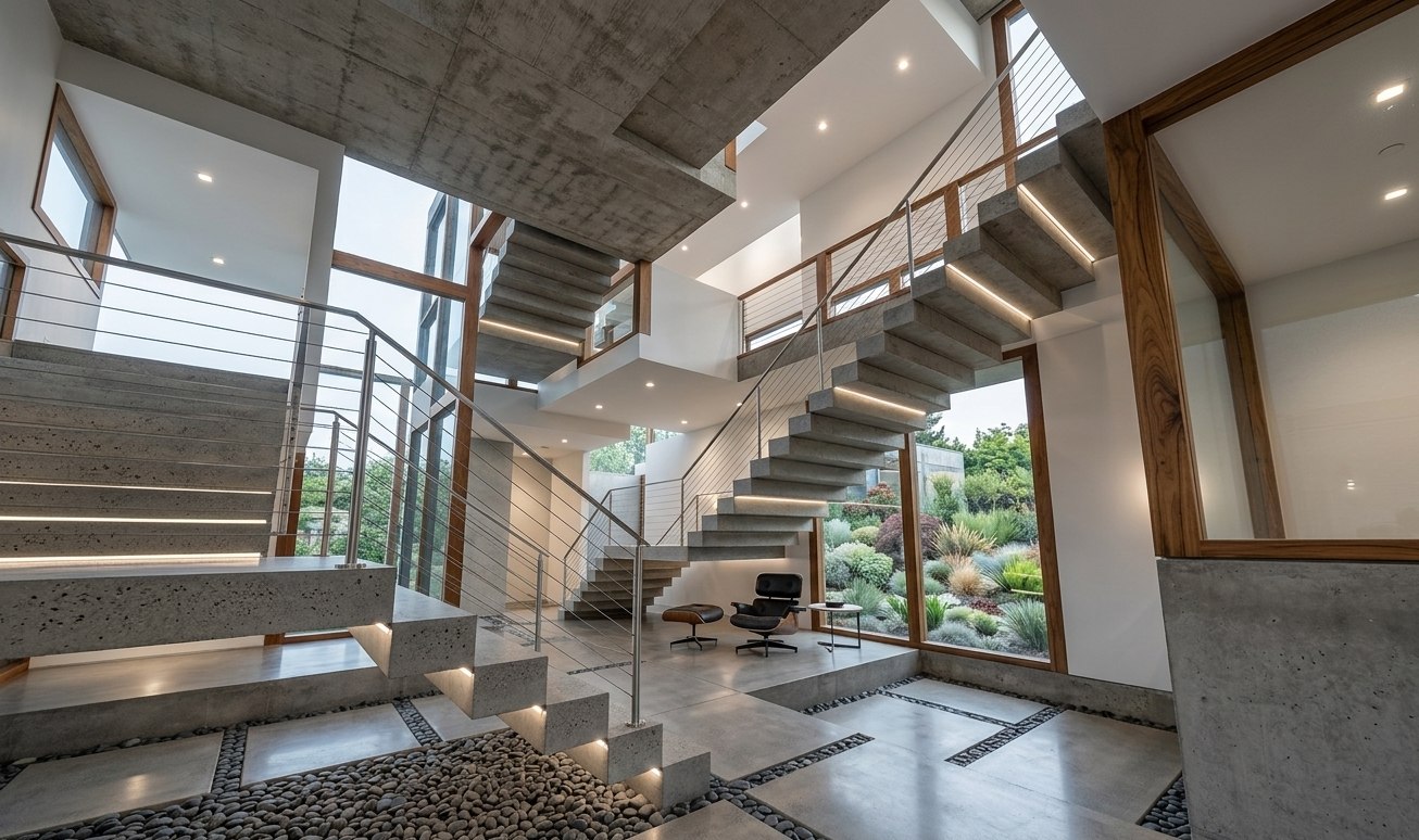 Photorealistic AI render of the same composition — concrete stairs, wood-framed glass walls, polished floor, pebble inlay, garden through the glazing