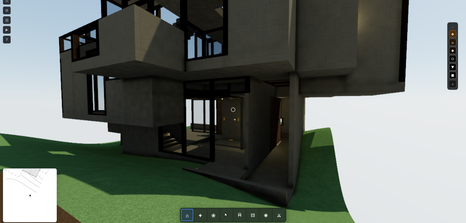 Exterior view of a Voxitect build on a grassy slope &mdash; dark concrete volumes cantilevered over the hillside above a glazed, glowing ground floor