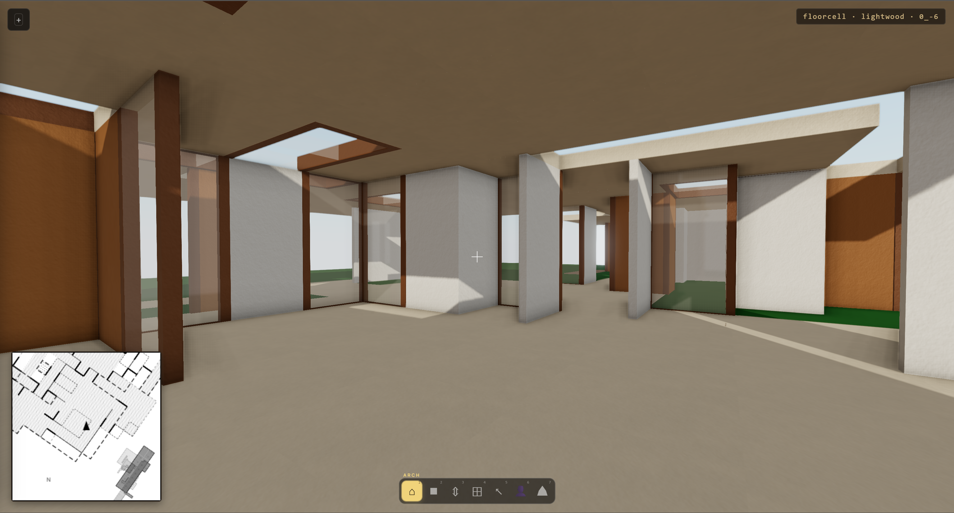 Eye-level view inside a lightwood floorcell &mdash; wood-framed glass partitions, skylights cutting the slab