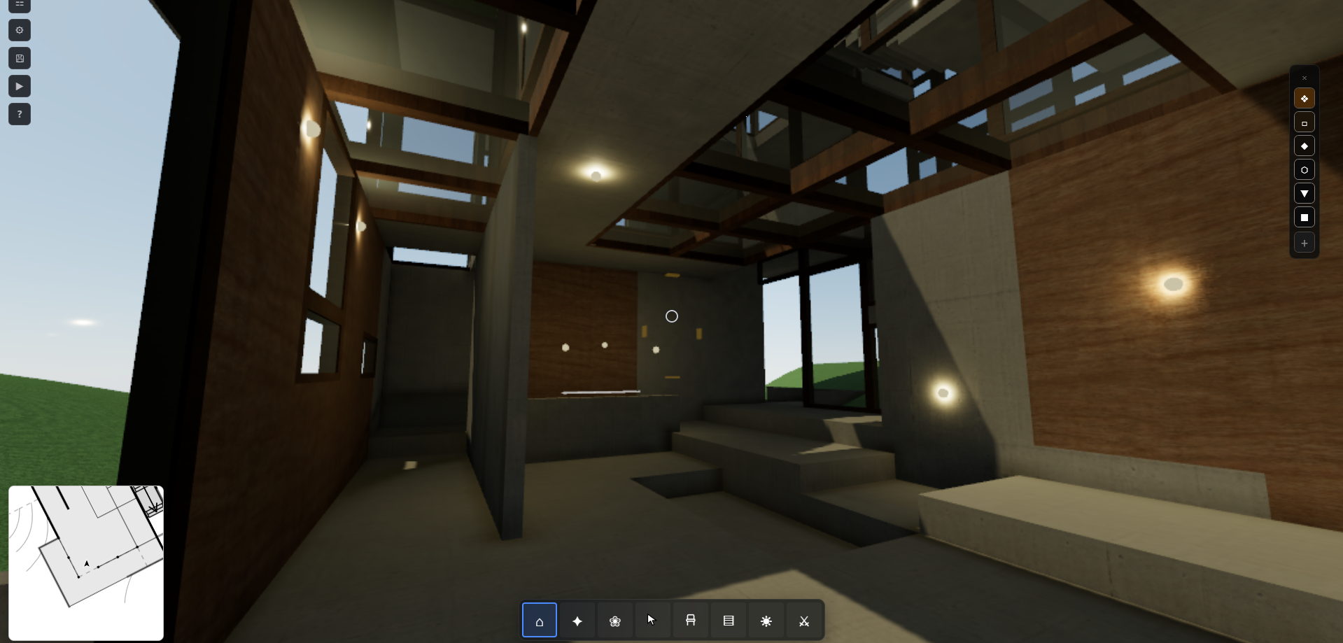 Interior view inside a Voxitect build at dusk &mdash; timber-lined walls, exposed roof joists, a stepped concrete platform and warm point lights, minimap bottom-left