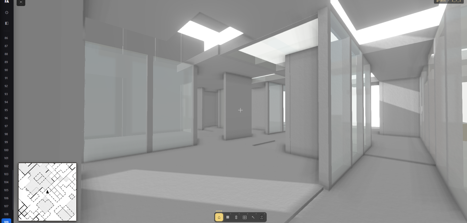 Interior view inside a Voxitect build &mdash; glass partitions, skylights and white slabs