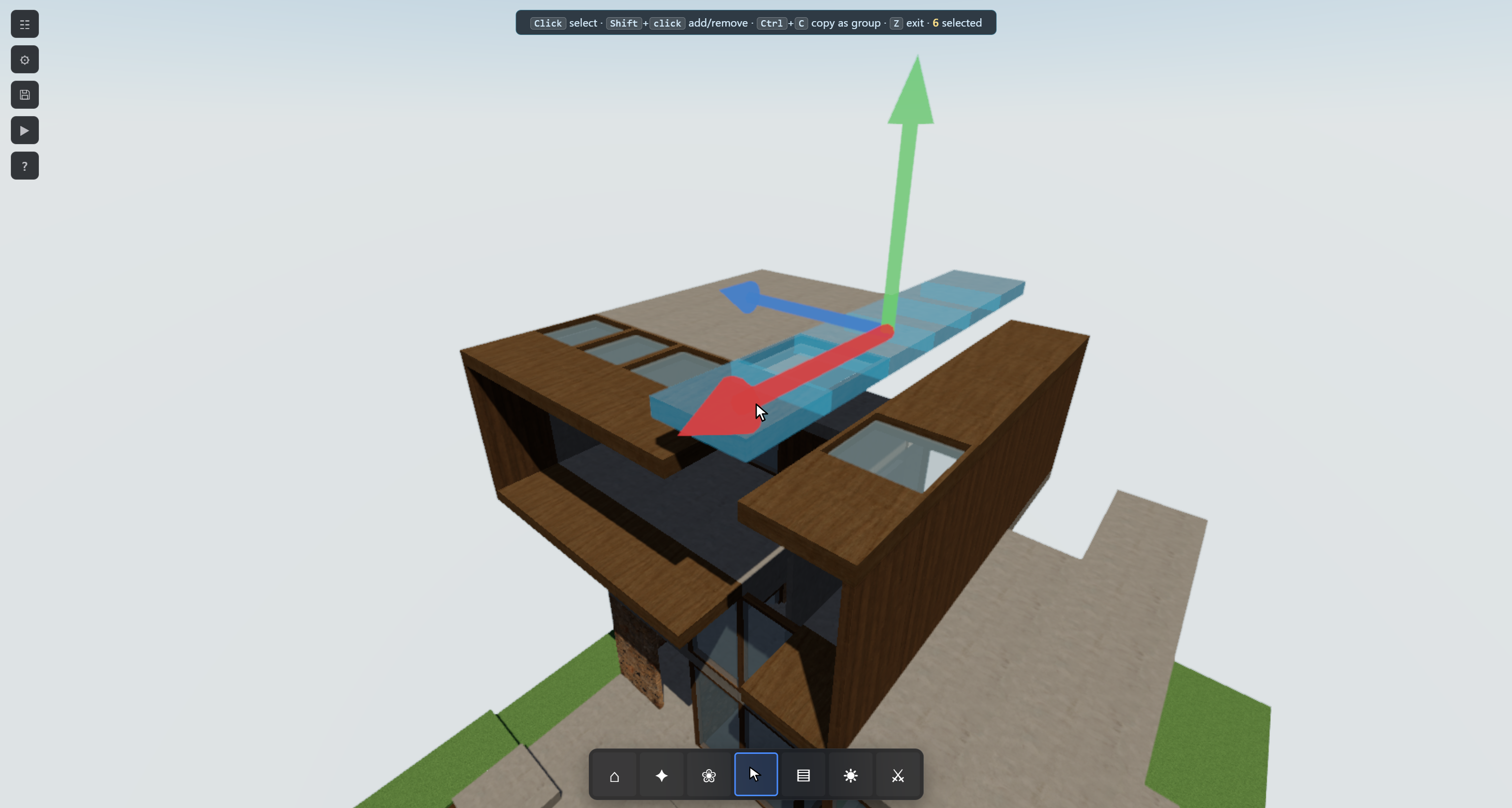 Multi-select editing &mdash; several blocks highlighted with move-axis arrows above a wood-and-glass build