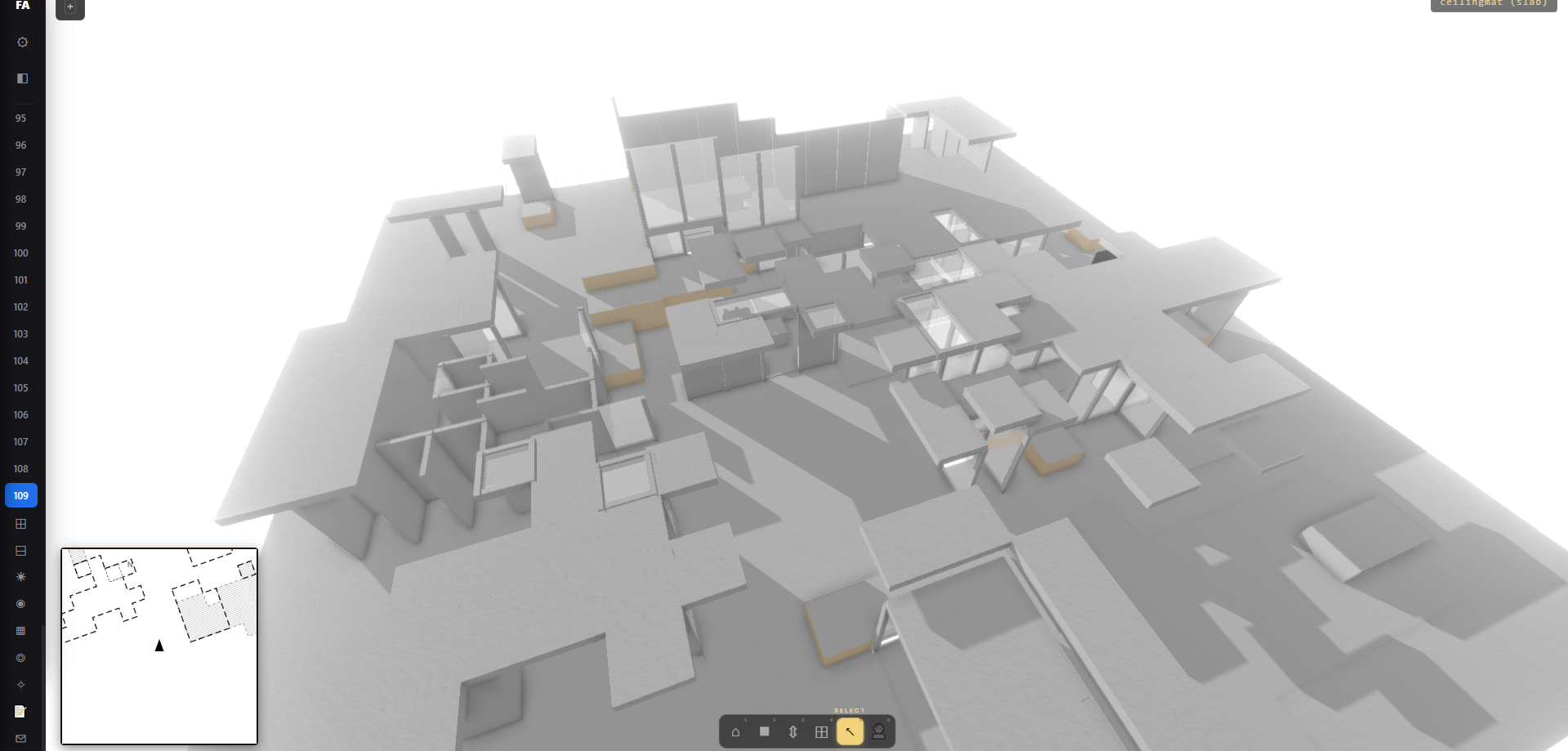 Aerial view of a sprawling Voxitect scene &mdash; modular slabs, terraced walls, black-line minimap