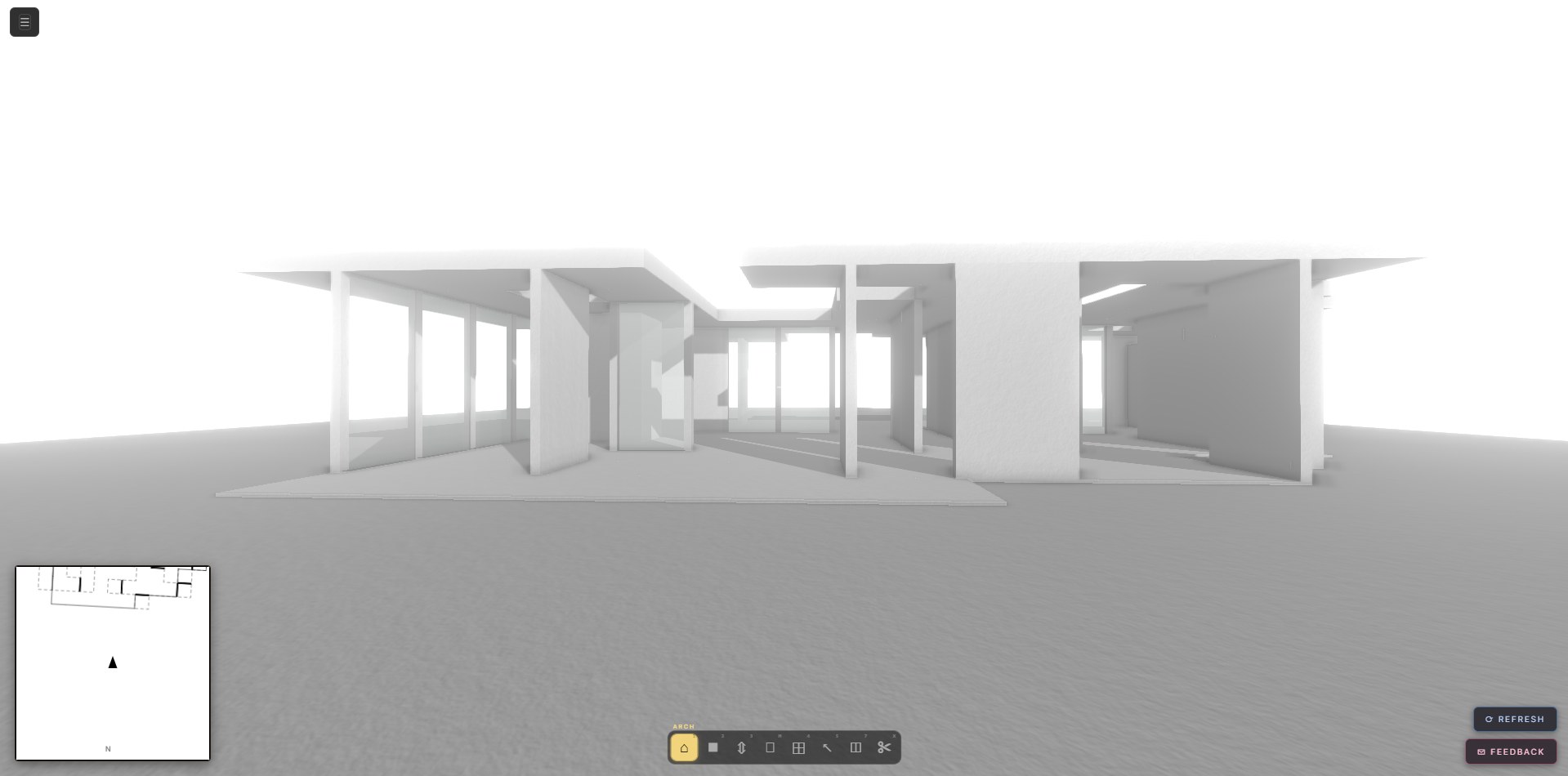 Eye-level view inside a Voxitect build &mdash; open-plan rooms with deep overhanging roof slabs, slender columns, glass openings on every facade
