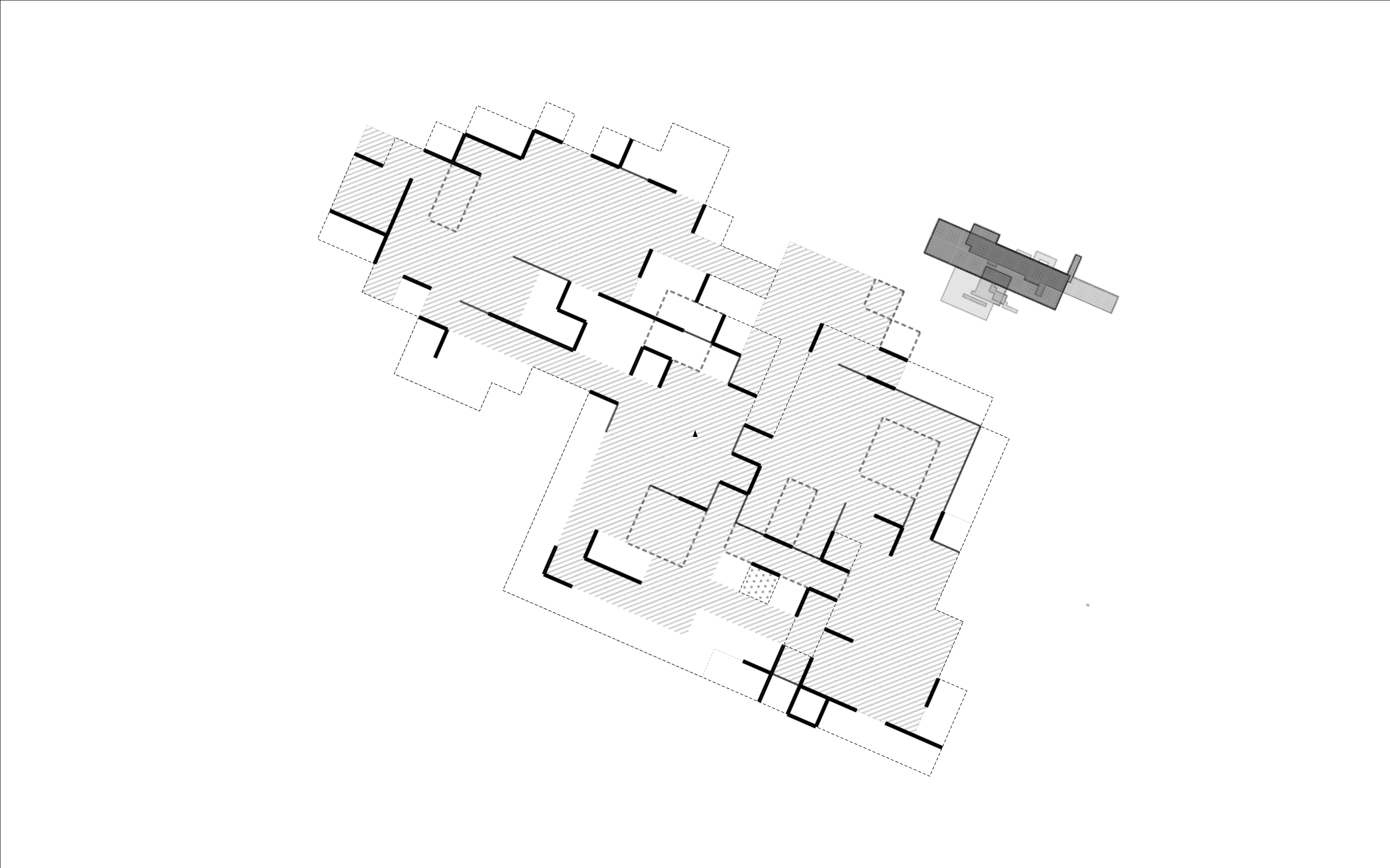 Top-down zoning diagram &mdash; hatched cells with dashed-outline neighbours and a dark site marker