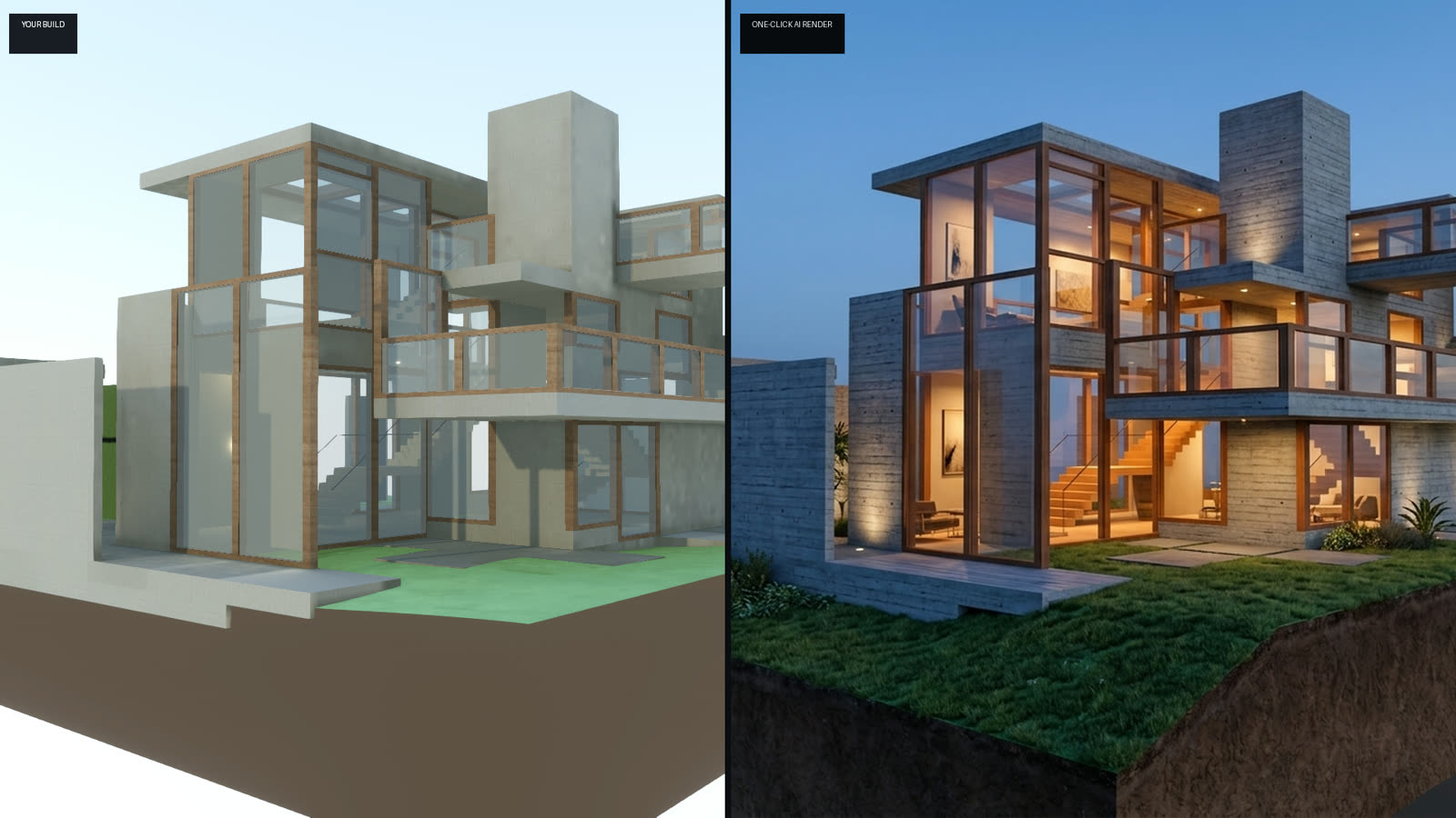 A Voxitect model beside its photoreal render